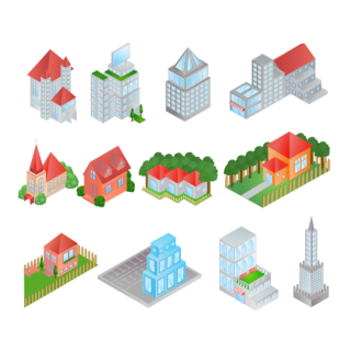 3D立体建筑多种建筑城市生活大厦都市高层公寓矢量图